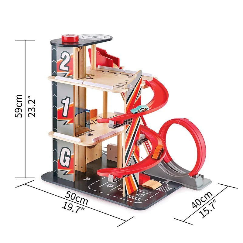 Hape Gearhead Stunt Garage Wooden High Rise Car Parking Lot